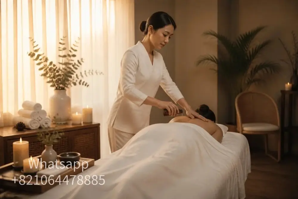 A private massage atmosphere with warm light and relaxed surroundings.