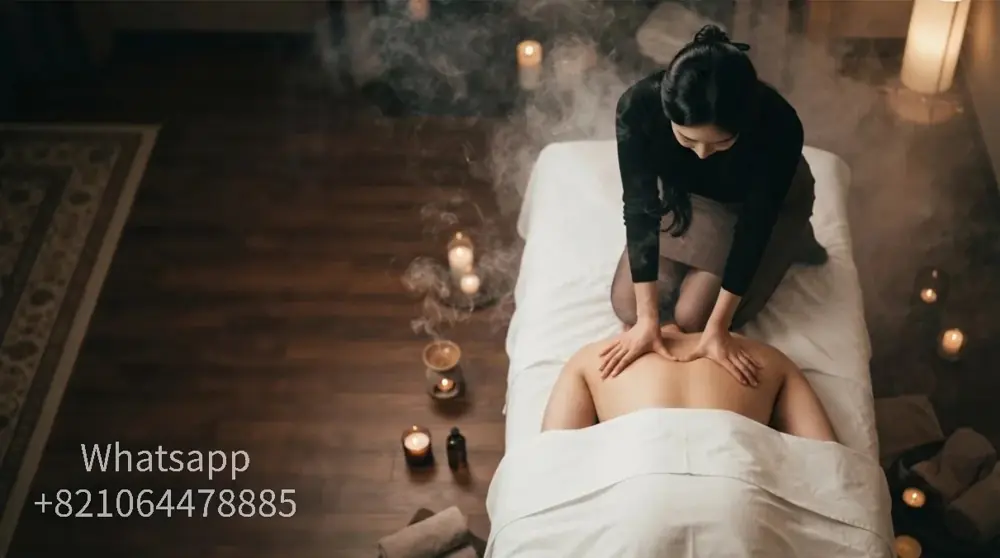An overhead view of a massage session in a softly lit room.