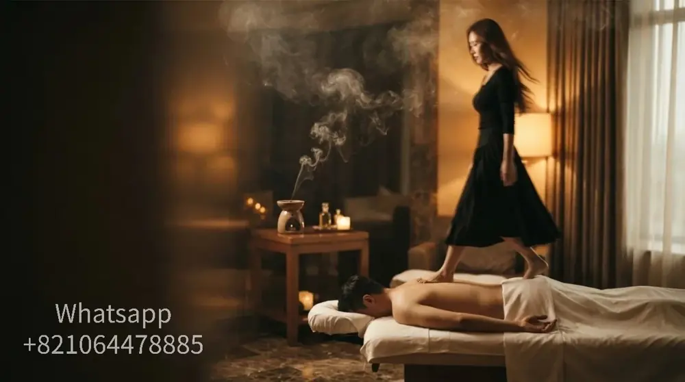 A calm hotel-room setting for an evening massage visit.