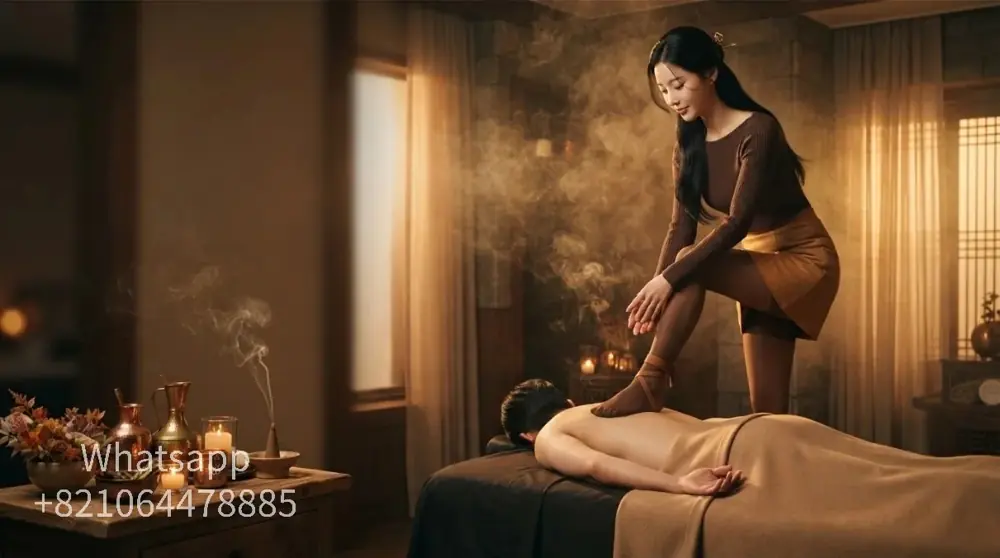 A calm hotel-room setting for an evening massage visit.