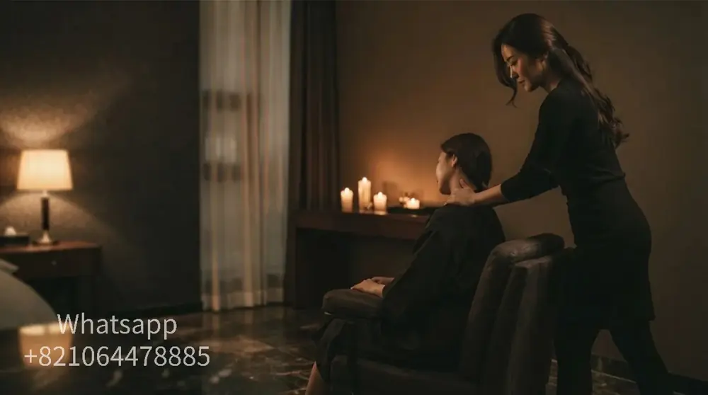 A calm hotel-room setting for an evening massage visit.