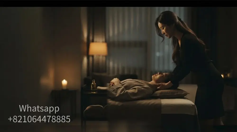 A calm hotel-room setting for an evening massage visit.