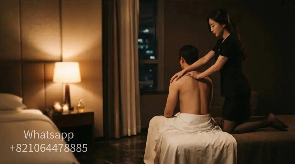 A calm hotel-room setting for an evening massage visit.